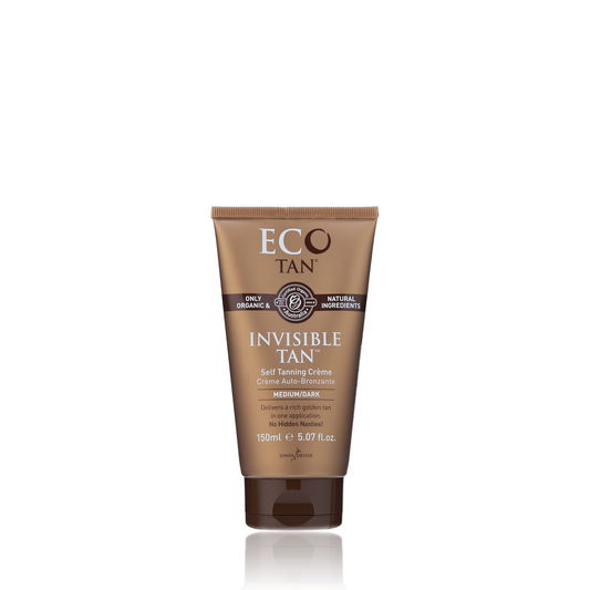 A 150ml brown tube of Eco Tan's Invisible Tan promises a sun-kissed glow with its rich, creamy texture. The packaging displays "Only Organic" and "Natural Ingredients" labels on a white background, appealing to those who value natural skincare that hydrates while providing a tan.