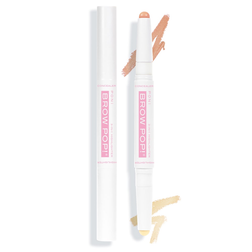 The Poni Cosmetics Brow Pop! is a dual-purpose brow highlighter and concealer stick, showcased in a sleek white casing with a pink label and one end uncapped. Set against a white backdrop, its versatility is highlighted by peach and yellow swatches, indicating its additional use as an eyeshadow base for flawless application.