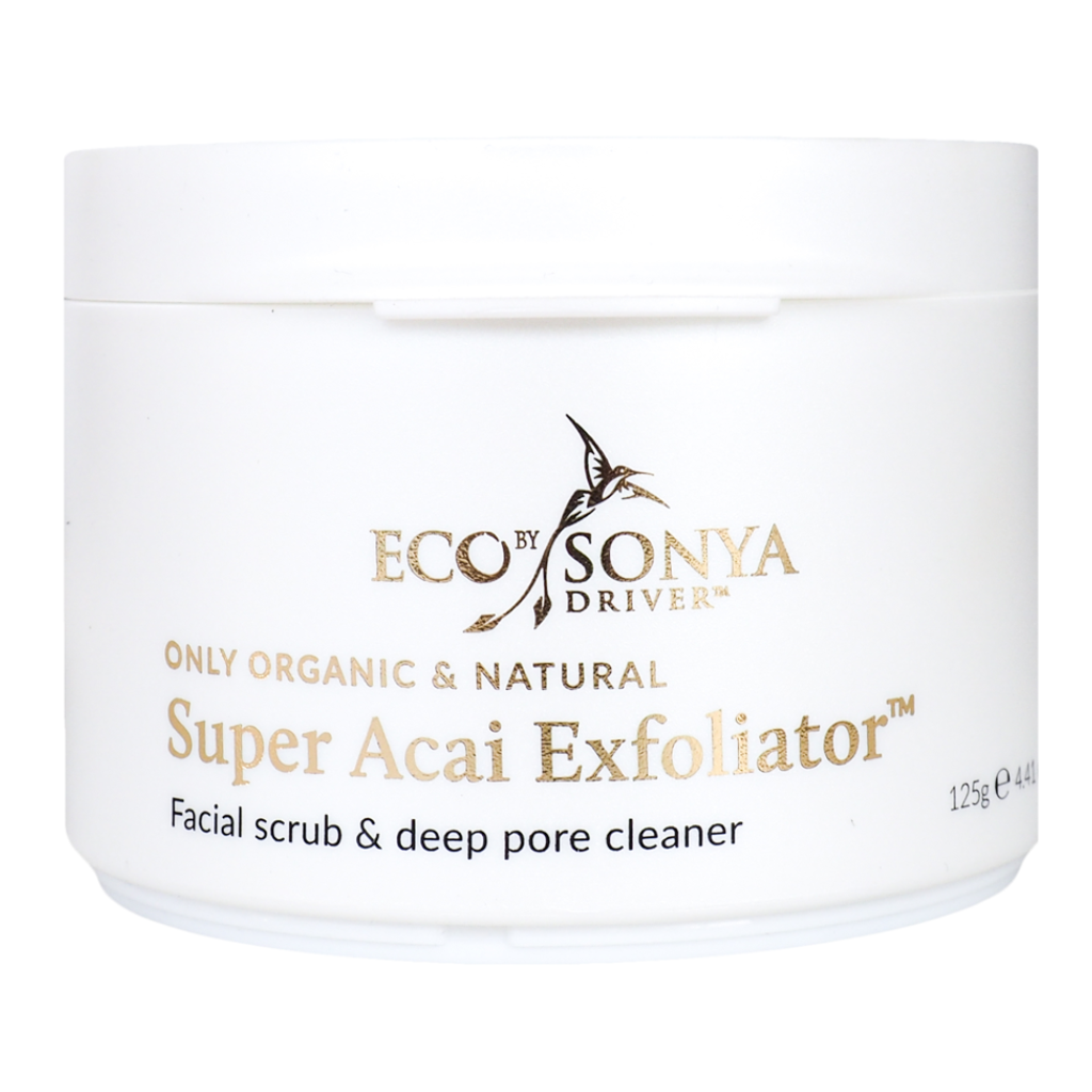 White jar of Eco Tan's Super Acai Exfoliator. A champion for your face, the label reads "Only Organic & Natural Facial Scrub & Deep Pore Cleaner." This organic skincare essential weighs 125g or 4.41oz, preparing your skin with every use.