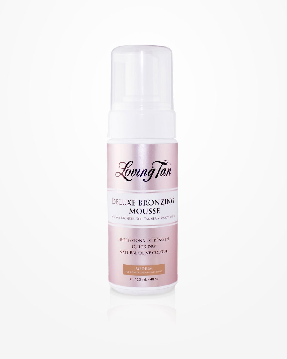 A bottle of Loving Tan's MEDIUM Deluxe Bronzing Mousse is ideal for tan enthusiasts pursuing a natural-looking glow.