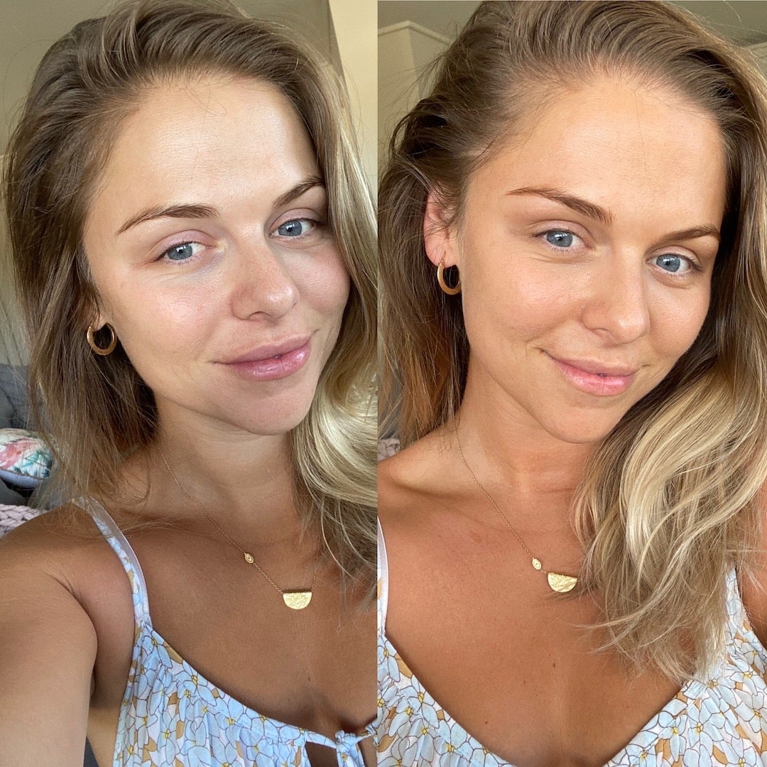 The two side-by-side photos feature a woman with long, blonde hair and blue eyes. She's indoors, smiling gently while wearing a patterned sleeveless top that highlights her healthy golden glow achieved using Eco Tan's Face Tan Water. Her subtle makeup complements gold hoop earrings and a necklace, emphasizing her elite-level skincare routine.