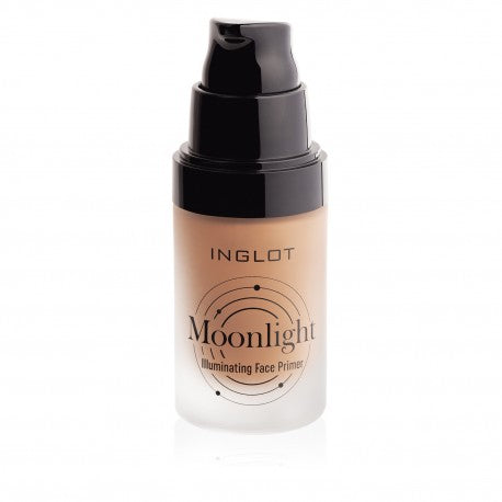 The Inglot Moonlight Illuminating Face Primer is an excellent choice for creating a natural glow. It comes in a stylish design with a sleek black pump top and frosted glass base, featuring circular graphic elements next to the product name on its label. This primer is perfect for seamless makeup preparation.