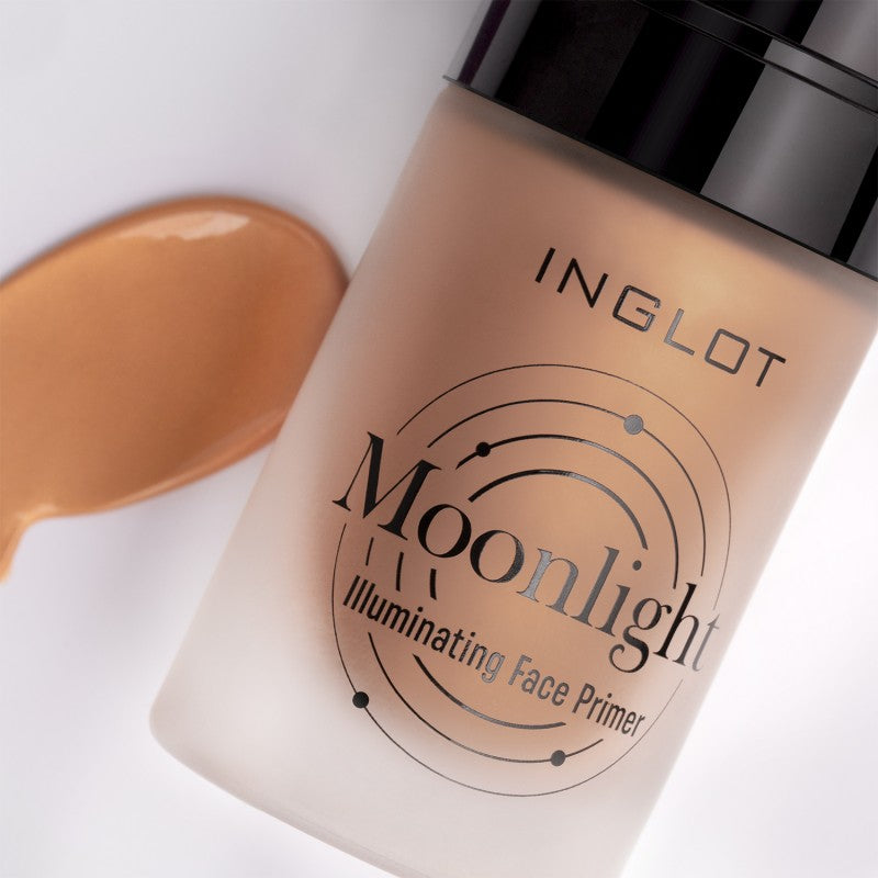 Displayed is an Inglot Moonlight Illuminating Face Primer, perfect for makeup preparation. The frosted bottle with its sleek black cap exudes elegance, featuring the words "Moonlight Illuminating Face Primer." A swatch beside it highlights its natural glow.